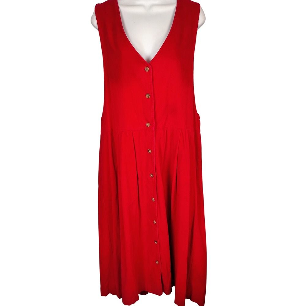 Pam's Closet Red Corduroy Jumper Dress Button Front Pleated Midi L USA vintage